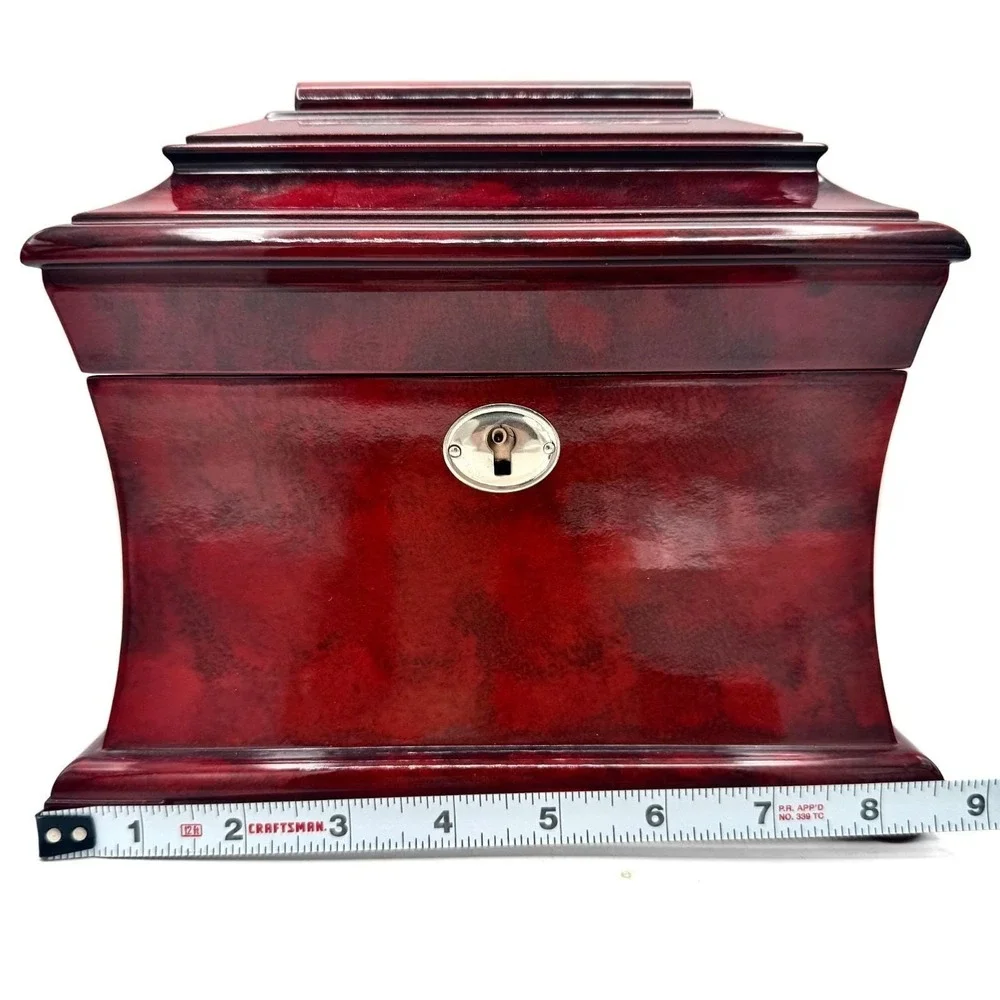 Vintage Burgundy Lacquer Pagoda Jewelry Chest Global Views w/Keys Removable Tray